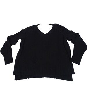 Old Navy Black Ribbed Trim V-Neck Sweater Women Size M Long Sleeve Side Slit